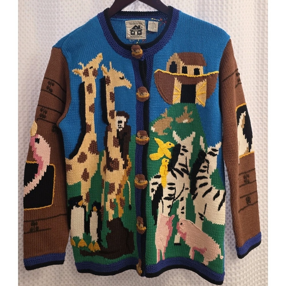 RARE Vintage Storybook Knits Sweater Women Ladies Medium Cardigan Noah & Ark
